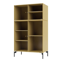 Yellow ribbed cabinet with black metal legs, featuring four open compartments and a sleek, modern design.