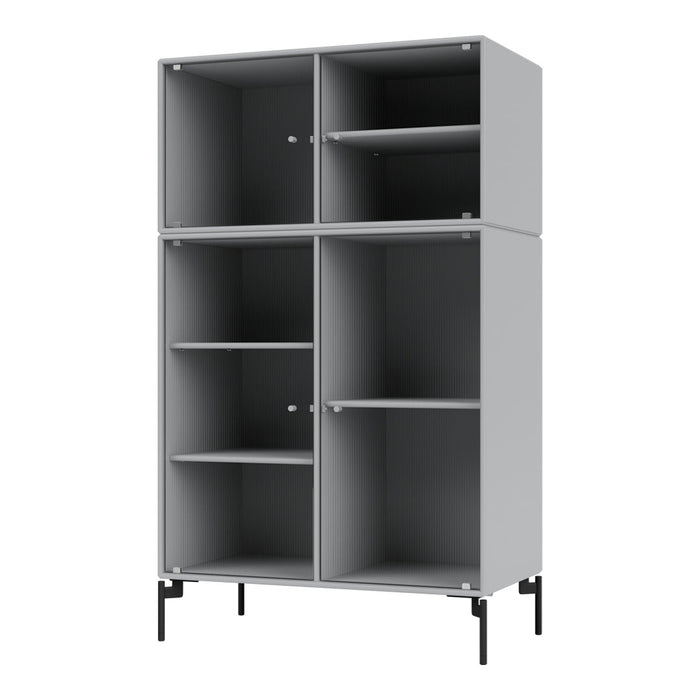 Gray textured cabinet with vertical ribbed pattern and black metal legs. Modern design for stylish storage solutions.