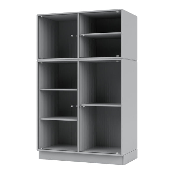Gray six-cube storage shelf with clean lines and minimalistic design, featuring multiple open and closed storage options.