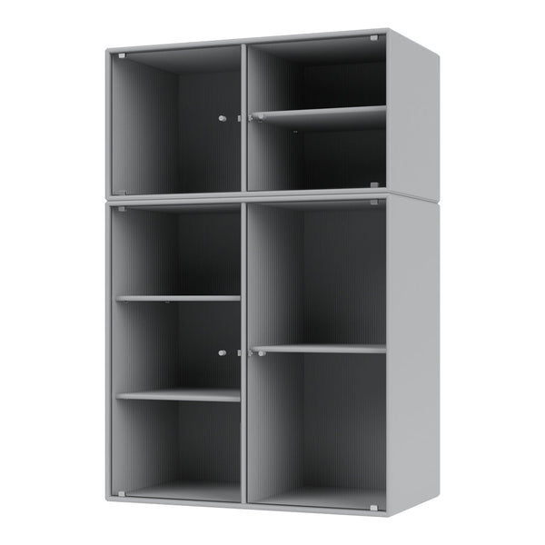 Stylish gray shelving unit with vertical ribbed pattern and multiple compartments for storage.