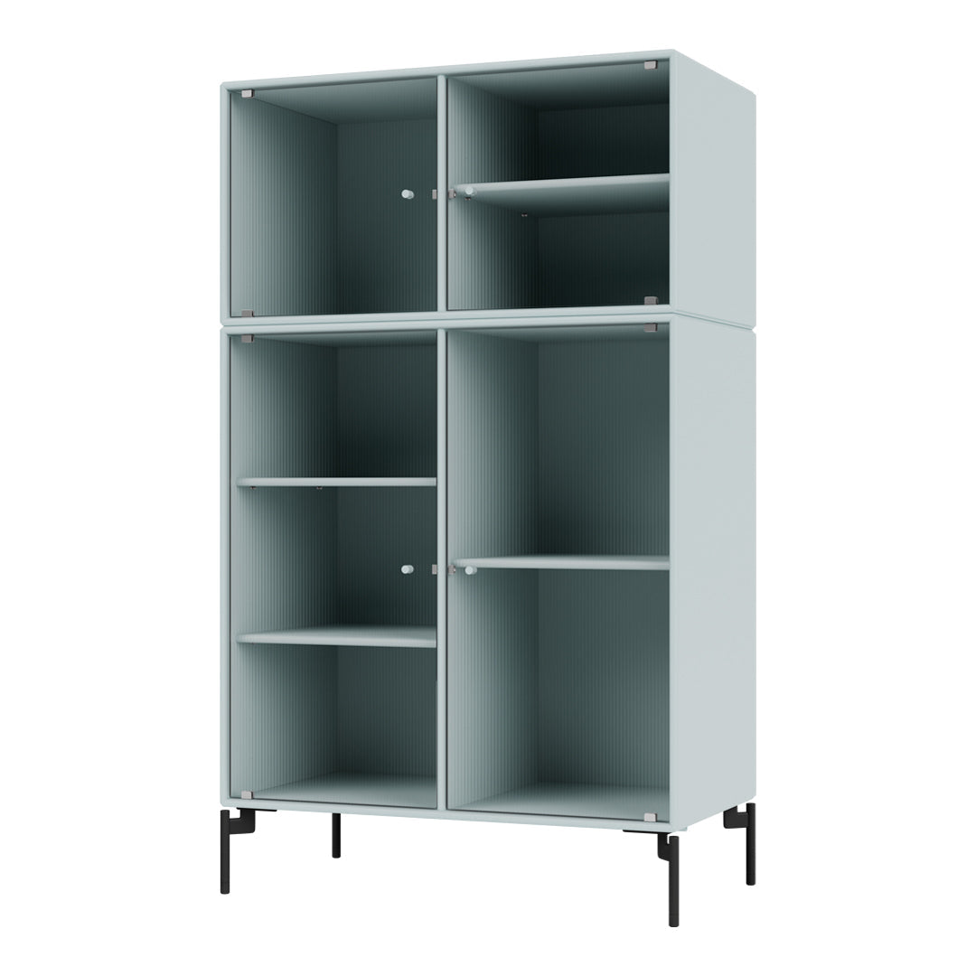 Light blue cabinet with ribbed texture and black metal legs, featuring open and closed shelving. Perfect for modern decor.