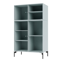 Light blue cabinet with ribbed texture and black metal legs, featuring open and closed shelving. Perfect for modern decor.