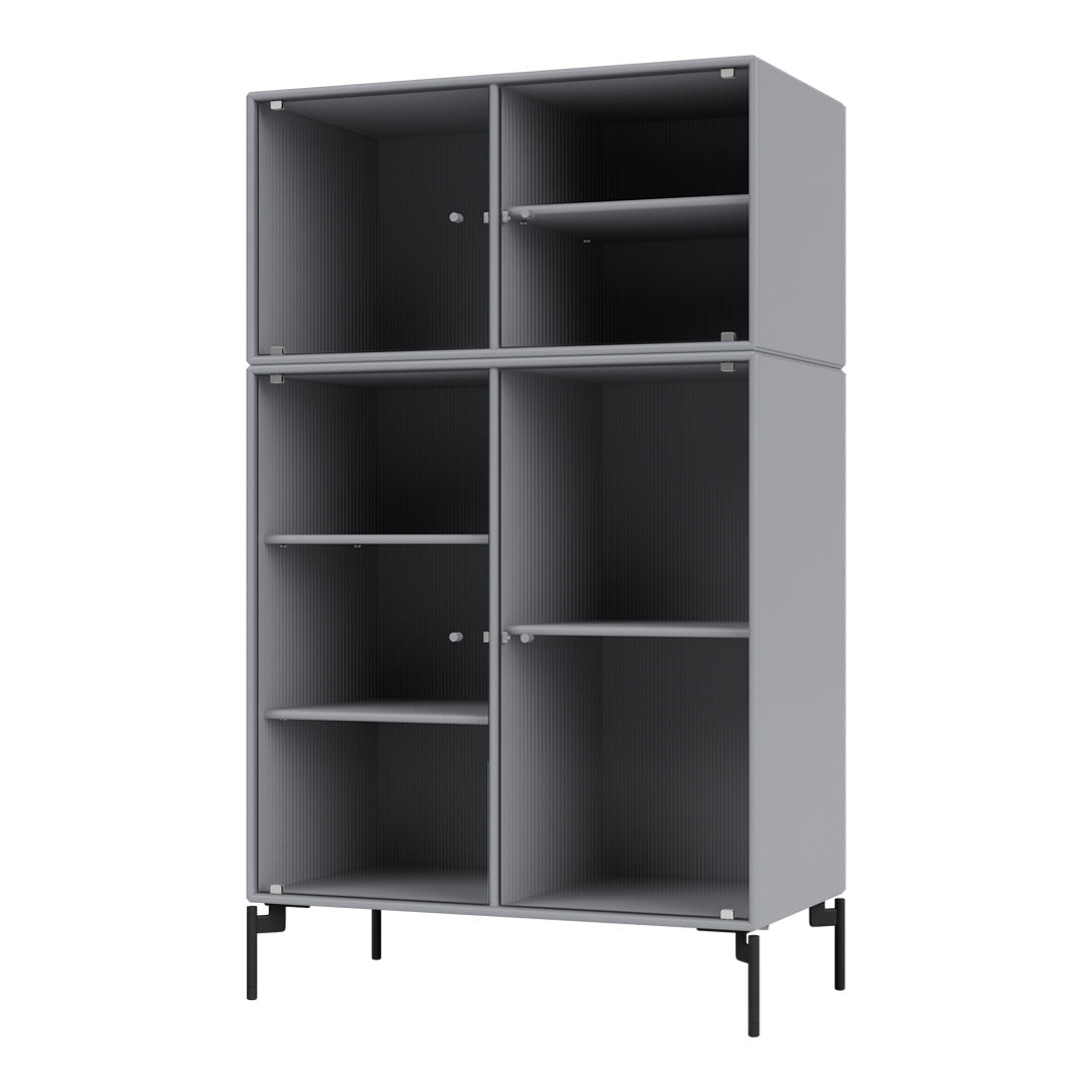 Gray four-shelf cabinet with a sleek, ribbed pattern and black legs, perfect for modern home decor.
