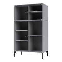 Gray four-shelf cabinet with a sleek, ribbed pattern and black legs, perfect for modern home decor.