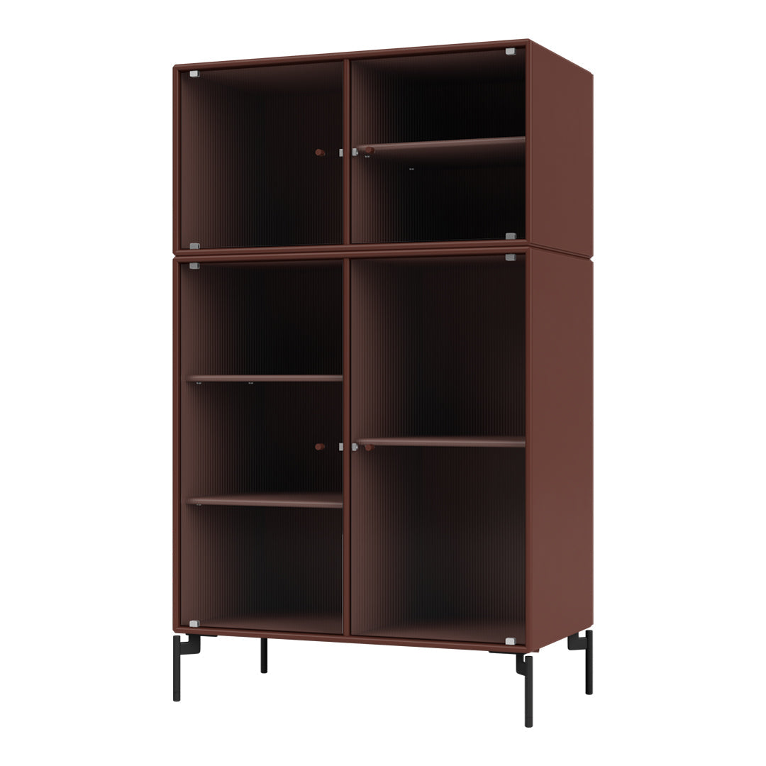 Brown ribbed cabinet with black metal legs and contrasting glossy handles, creating a modern, stylish look.