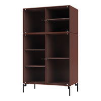 Brown ribbed cabinet with black metal legs and contrasting glossy handles, creating a modern, stylish look.
