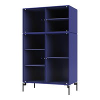 Modern blue cabinet with ribbed texture and black metal legs, featuring four open and closed storage compartments.