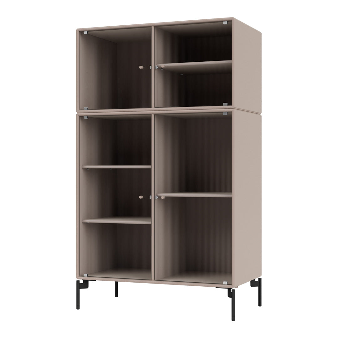 Beige ribbed cabinet with four compartments and black metal legs, perfect for modern storage solutions.