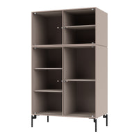 Beige ribbed cabinet with four compartments and black metal legs, perfect for modern storage solutions.