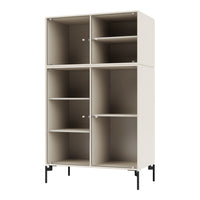 Beige storage cabinet with vertical ribbed pattern and sleek black legs, featuring open and closed compartments.