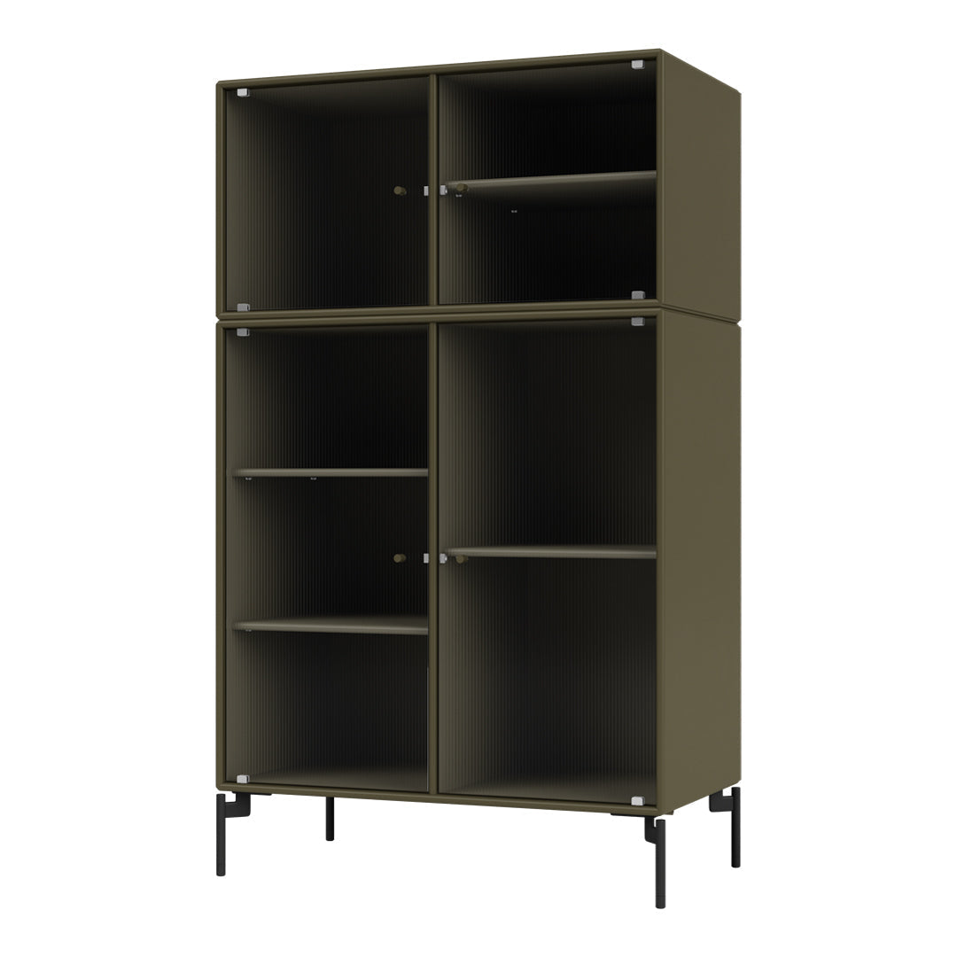 Olive green cabinet with vertical ribbed pattern and sleek black metal legs, featuring multiple open and closed compartments.