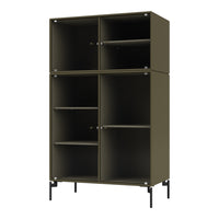 Olive green cabinet with vertical ribbed pattern and sleek black metal legs, featuring multiple open and closed compartments.