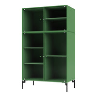 Green ribbed cabinets with black metal legs, featuring four open compartments and a sleek modern design.
