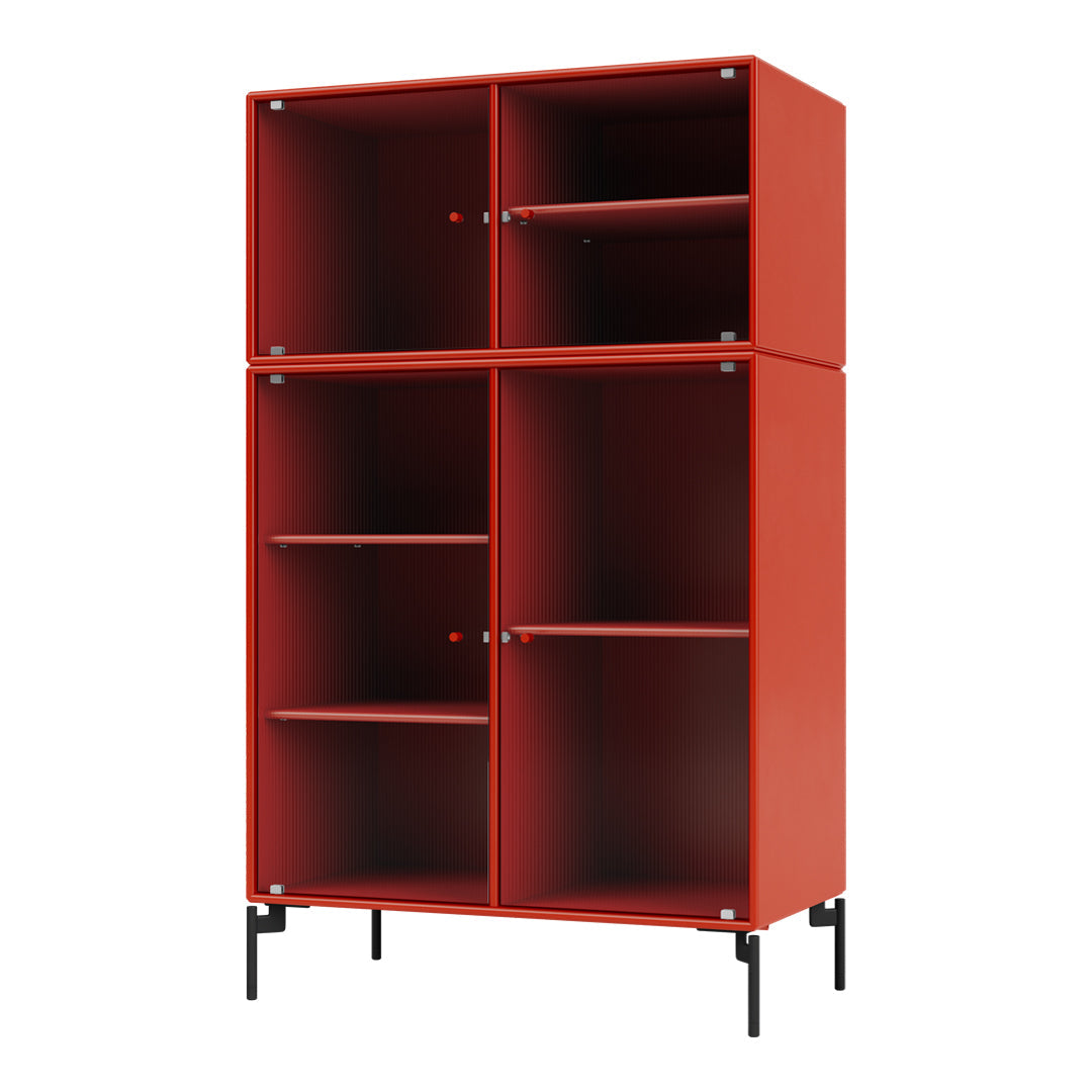 Vibrant red cabinet with a ribbed texture and black legs, featuring four storage compartments. Perfect for modern decor.