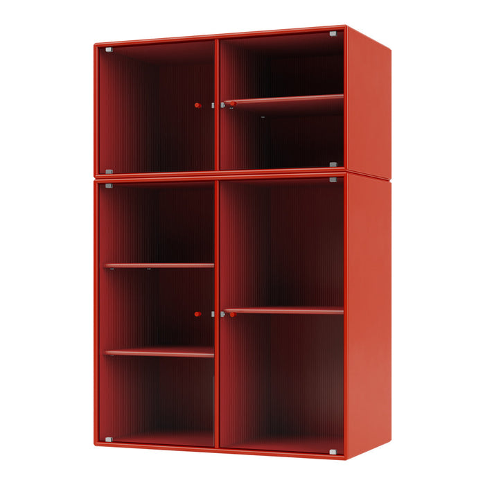 Red storage cabinet with glossy finish and ribbed pattern, featuring four compartments and sleek metallic accents.