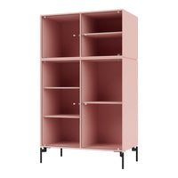 Pink ribbed cabinet with black metal legs and four open compartments for stylish storage.
