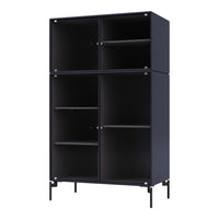Navy blue storage cabinet with vertical ribbed pattern and sleek black metal legs, offering a modern aesthetic.