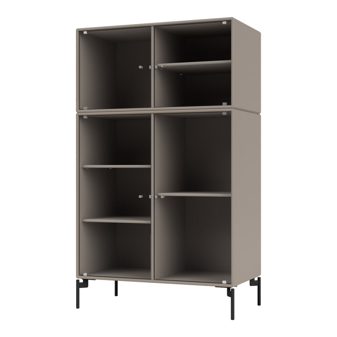 Gray, ribbed storage cabinet with black metal legs and multiple open and closed compartments for stylish organization.