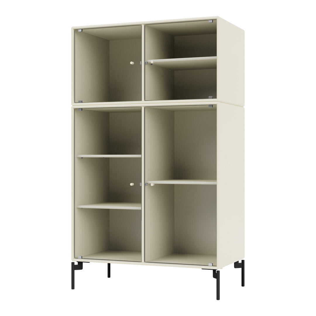 Beige storage cabinet with ribbed texture, featuring sleek black legs and minimalistic design. Perfect for modern decor.