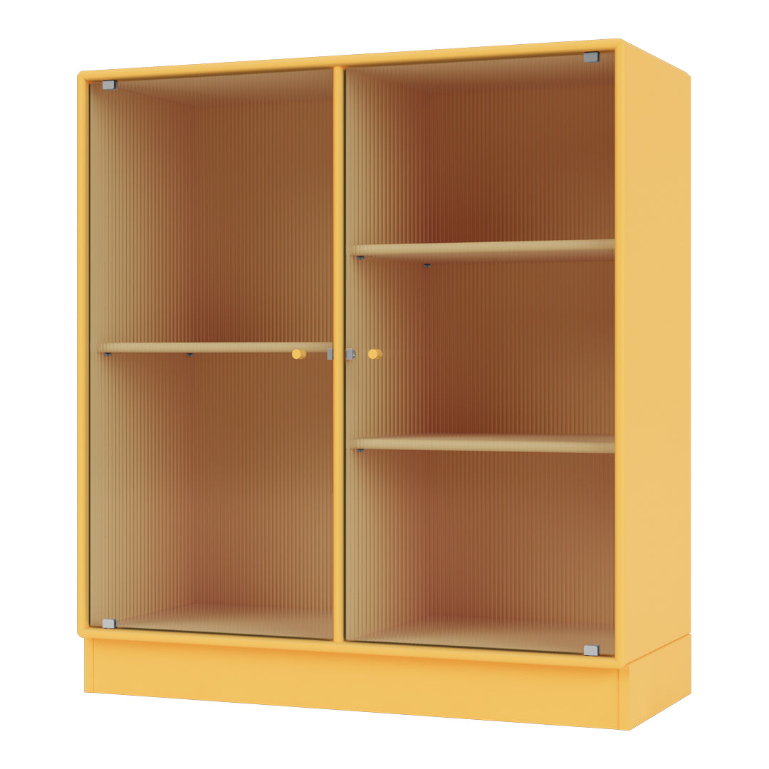 Yellow cabinet with ribbed texture, featuring transparent glass doors and light wooden shelves. Ideal for modern decor.