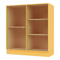 Yellow cabinet with ribbed texture, featuring transparent glass doors and light wooden shelves. Ideal for modern decor.