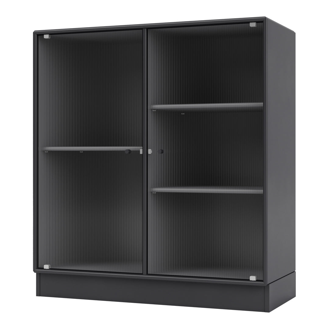Black cabinet with vertical ribbed pattern and glass doors, featuring sleek grey shelves for modern storage.
