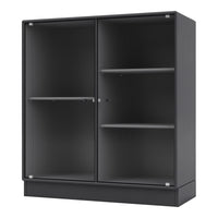 Black cabinet with vertical ribbed pattern and glass doors, featuring sleek grey shelves for modern storage.