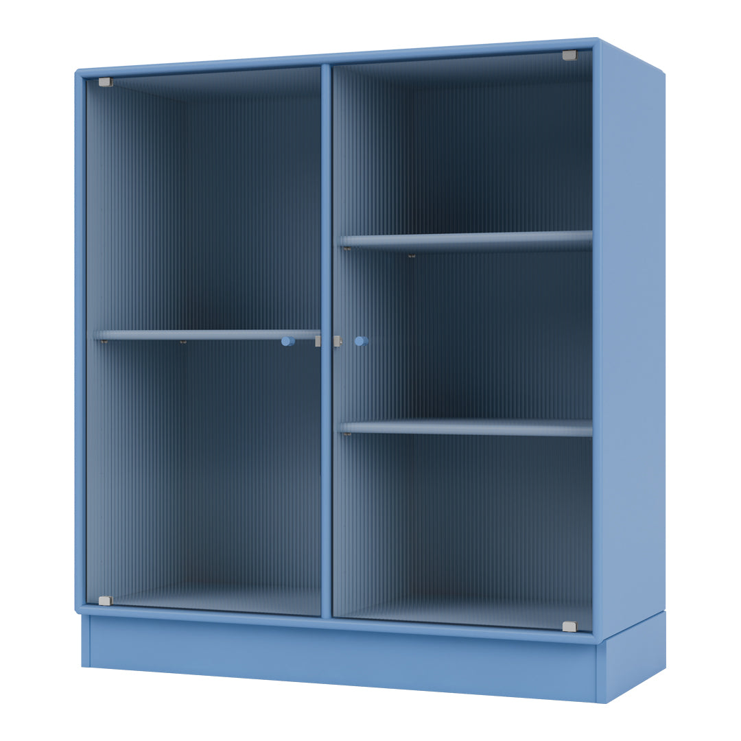 Stylish blue cabinet with ribbed texture and open shelves, perfect for modern decor.