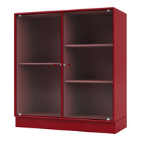 Red cabinet with ribbed design and transparent glass doors, featuring a sleek modern aesthetic. Perfect for stylish storage.