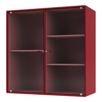 Red storage cabinet with a ribbed texture, featuring transparent glass doors and red accents. Ideal for modern decor.