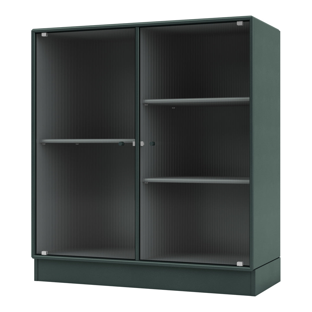 Dark green cabinet with vertical ribbed pattern and sleek glass doors, featuring spacious shelves for storage.