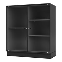 Black ribbed storage cabinet with glass doors and sleek silver handles, offering a modern, minimalist design.