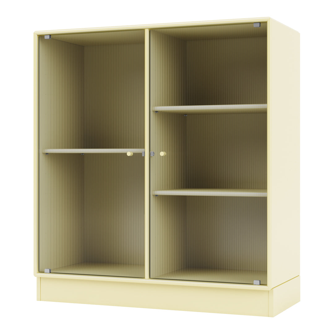 Yellow ribbed storage cabinet with a sleek design and transparent glass doors for a modern look.