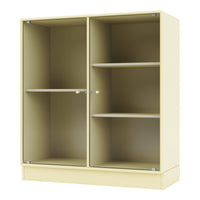 Yellow ribbed storage cabinet with a sleek design and transparent glass doors for a modern look.