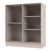 Beige storage cabinet with vertical ribbed pattern and glass doors, showcasing a sleek, modern design.