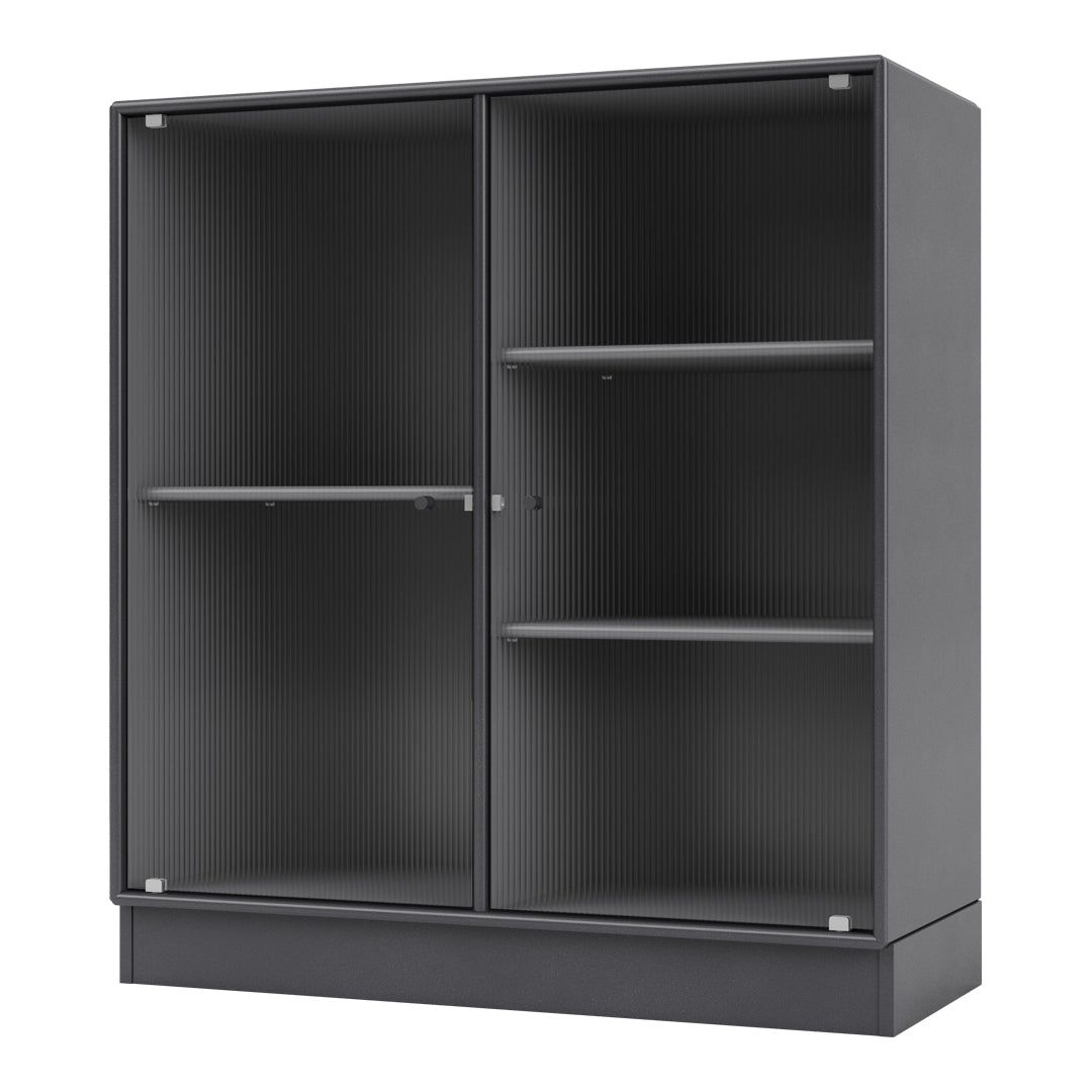 Black ribbed glass cupboard with sleek, modern design and shiny silver accents. Perfect for stylish storage solutions.