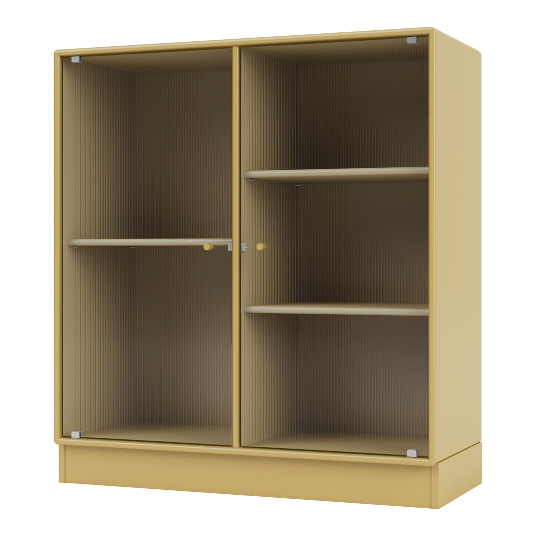 Yellow storage cabinet with ribbed pattern and clear glass doors, featuring adjustable shelves for versatile display.