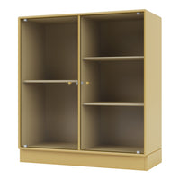 Yellow storage cabinet with ribbed pattern and clear glass doors, featuring adjustable shelves for versatile display.