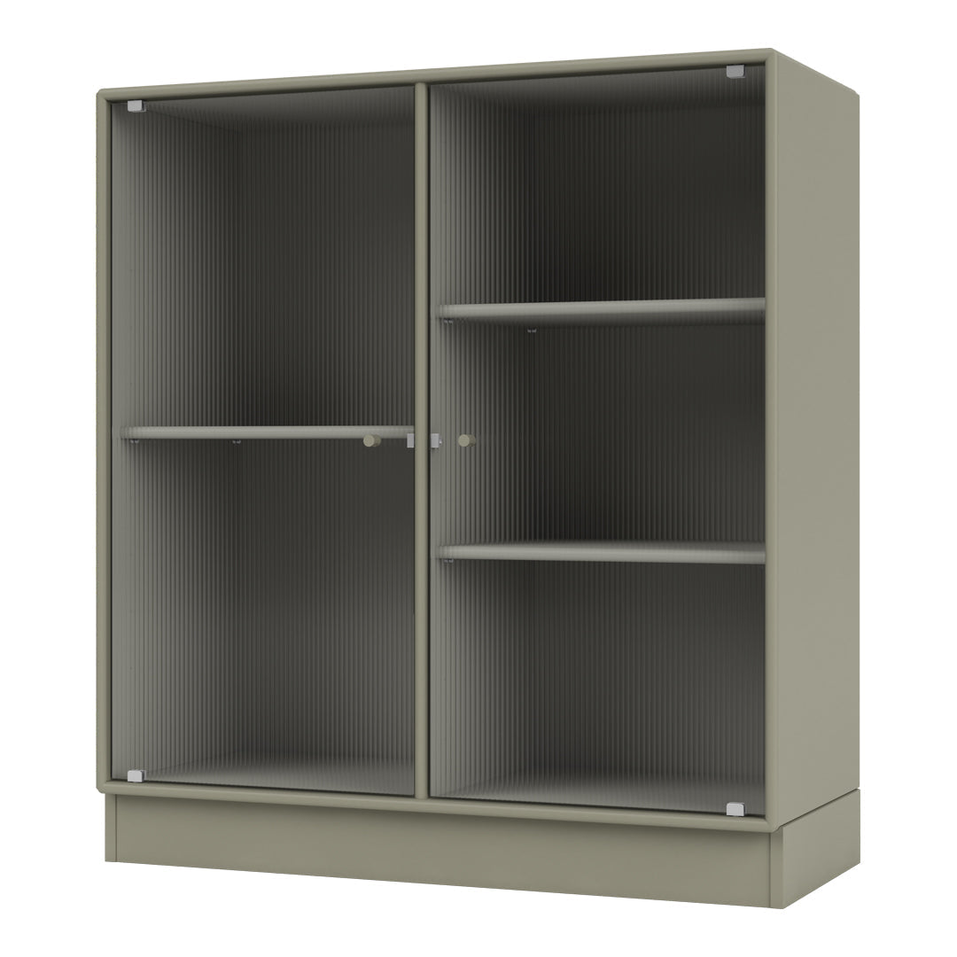 Olive green cabinet with ribbed texture and smooth gray shelves, enhancing modern interior aesthetics.
