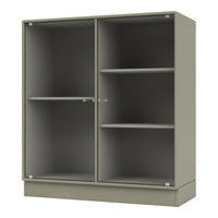 Olive green cabinet with ribbed texture and smooth gray shelves, enhancing modern interior aesthetics.