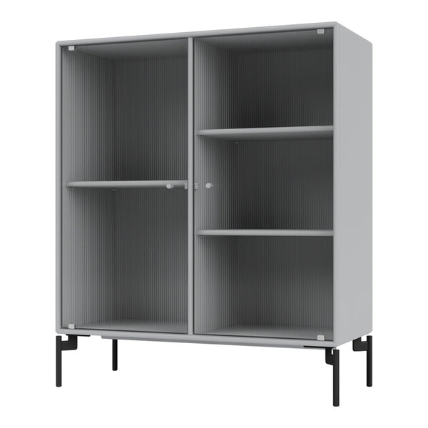 Modern grey cabinet with ribbed texture and sleek black legs, perfect for storage and display.