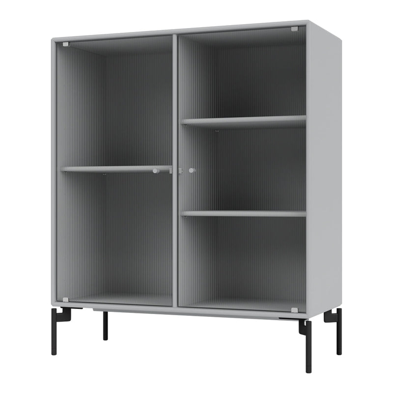 Modern grey cabinet with ribbed texture and sleek black legs, perfect for storage and display.