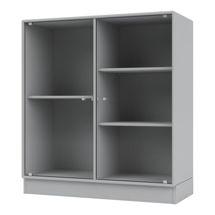 Gray storage cabinet with a textured ribbed pattern and smooth surfaces for a modern look.