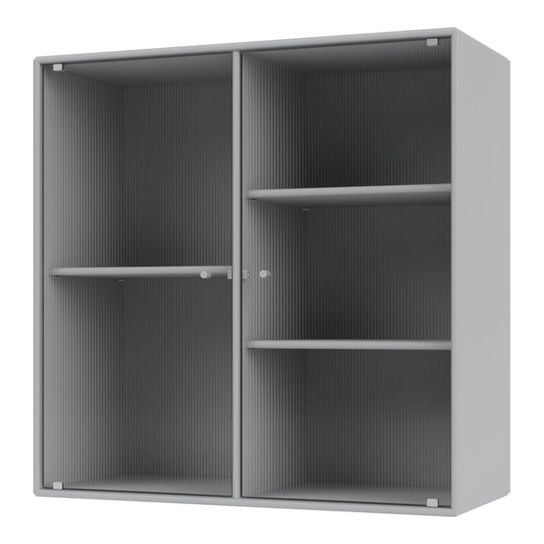 Gray ribbed storage cabinet with two compartments and multiple shelves for versatile organization.