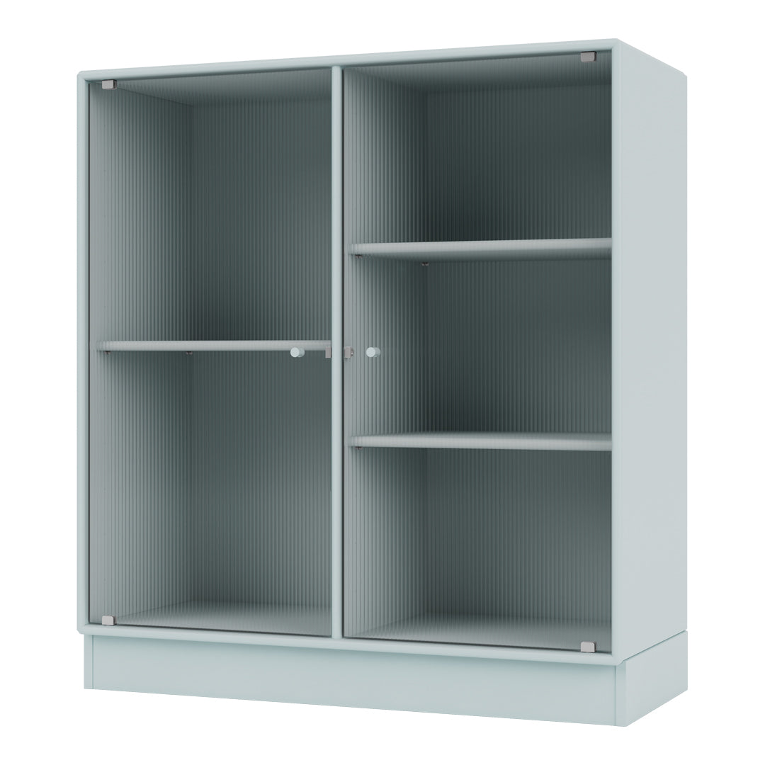 Light teal cabinet with vertical ribbed pattern and open shelving design. Ideal for modern or minimalist decor.