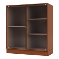 Brown and bronze colored bookshelf with ribbed glass doors and adjustable wooden shelves, modern design details.