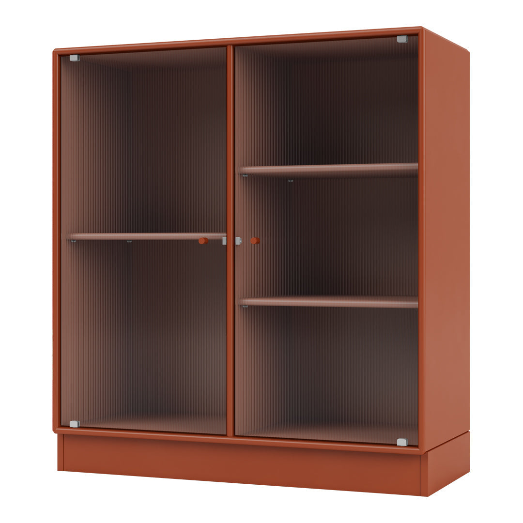 "Rust-colored cabinet with ribbed texture and clear glass doors, featuring light wooden shelves inside."