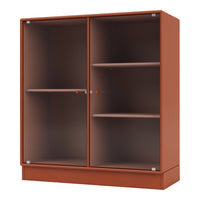 "Rust-colored cabinet with ribbed texture and clear glass doors, featuring light wooden shelves inside."