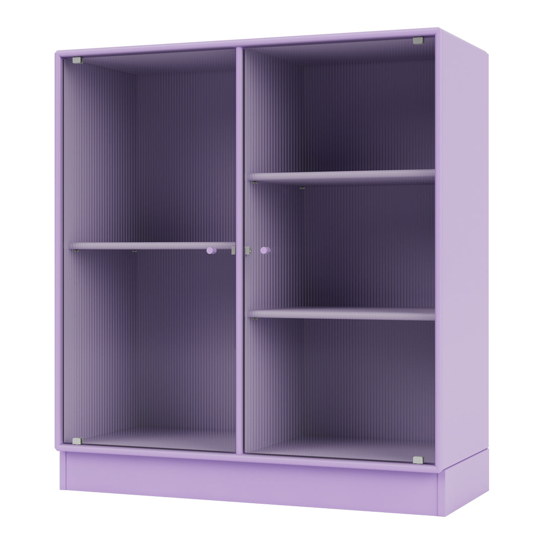 "Light purple cabinet with ribbed texture and spacious shelves, perfect for modern decor."