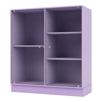 "Light purple cabinet with ribbed texture and spacious shelves, perfect for modern decor."
